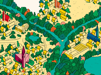 Ausschnitt des Covers des Planspiels Endlagersuche - eine gezeichnete Ansicht mehrerer Städte