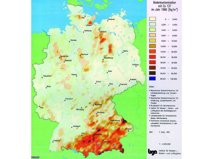 Landkarte Deutschlands mit der Darstellung der Bodenkontamination mit Cs-137
