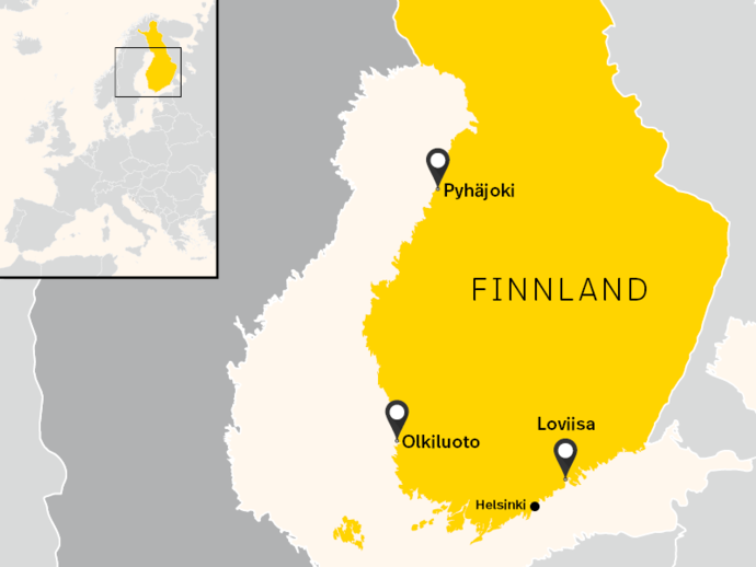 Karte Finnlands mit drei Standorten, an denen sich AKWs und Lagerstandorte befinden