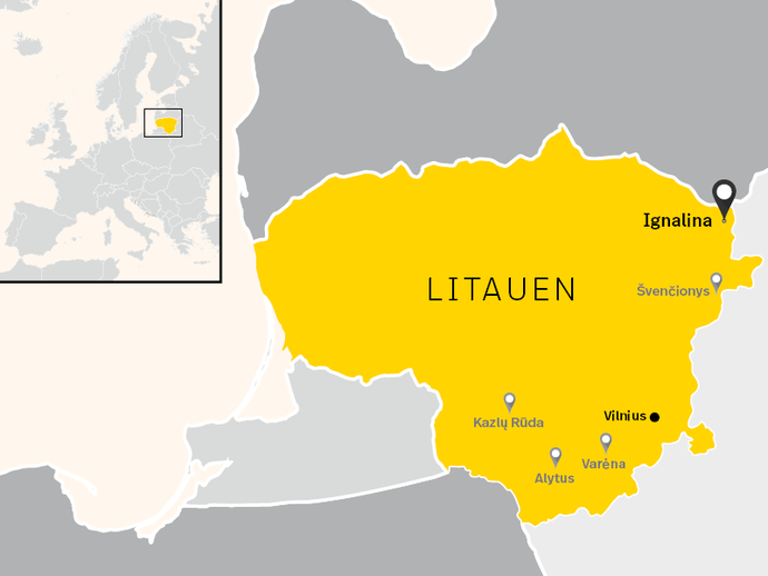 Karte Litauens mit dem Standort des AKW Ignalina, der Hauptstadt Vilnius und den vier möglichen Endlagerstandorten